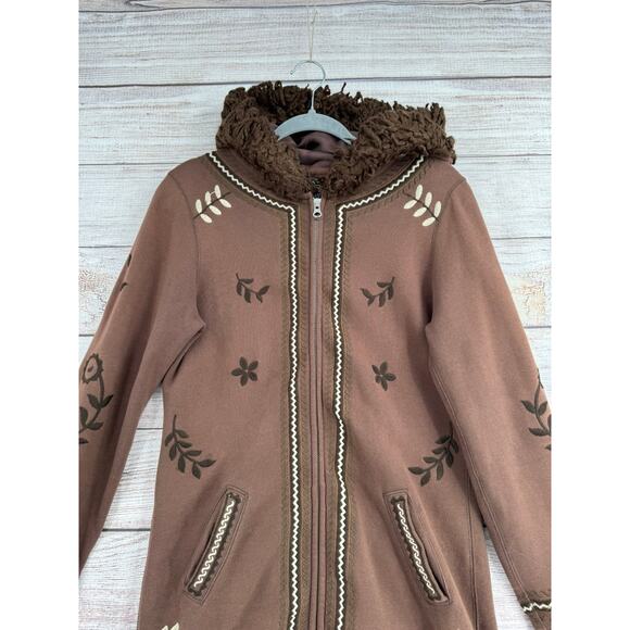 Lucky Brand Embroidered Faux Fur Trim Hoodie Duster Dress Womens Small Brown - Picture 3 of 12